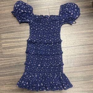Katie J NYC Navy Blue Smocked Dress with Floral Accents